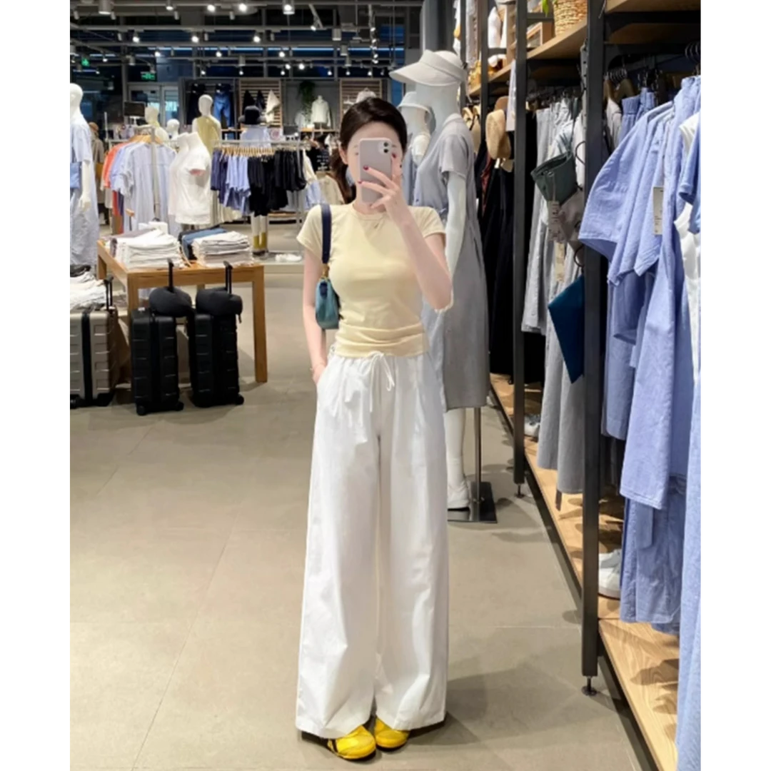 夏季新款穿搭套装女气质百搭黄色正肩短袖上衣高腰显瘦直筒阔腿裤