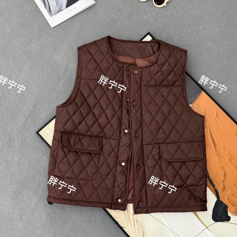 秋冬季百搭菱形格二棉宽松坎肩马甲外套棉服（衣长66左右）