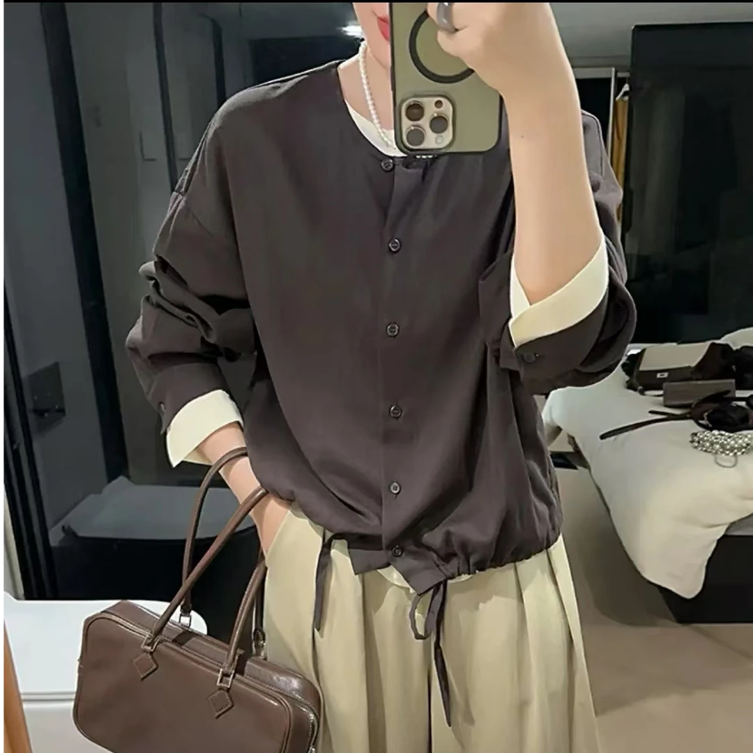 2024早春新款欧韩货设计感小众假两件百搭短款上衣长袖衬衫女