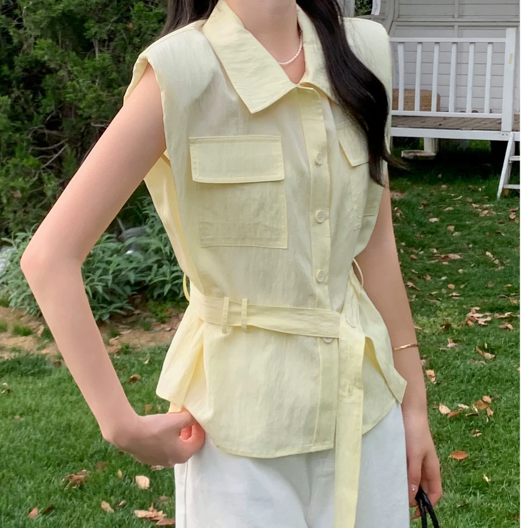 法式气质Polo领无袖衬衫女2025新款夏季高级感收腰系带设计感上衣