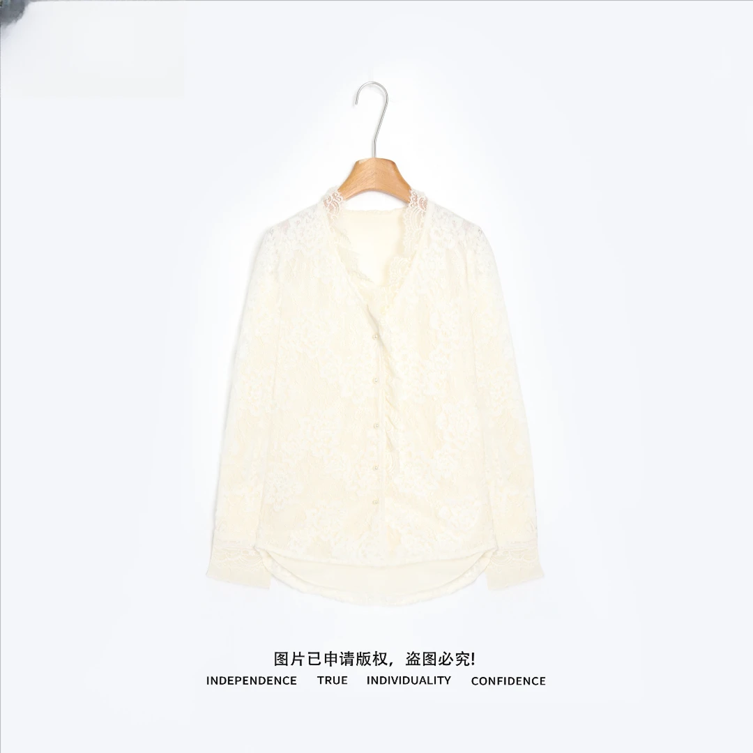 温温【心宜】法式洋气V领蕾丝花边衬衫女显瘦早春款长袖棉上衣 7021