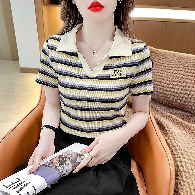 设计感小众polo领肩正女潮t恤减龄短袖新款夏季上衣条纹洋气撞色