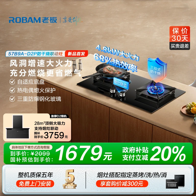 【防干烧&烟灶联动】老板D2P液化气4.8kW智能大火力燃气灶