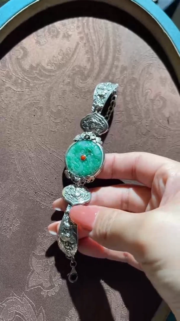 银S925镶嵌手镯翡翠红翡绿翠
