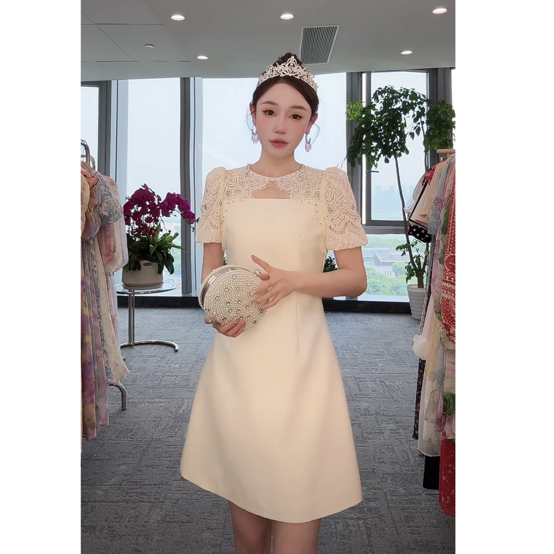 【封后轻奢设计】法式气质蕾丝拼接重工钉钻优雅连衣裙1358