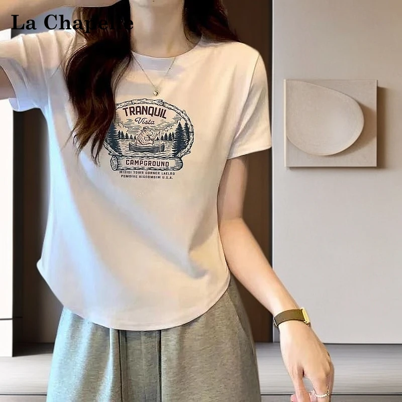 拉夏贝尔正肩短袖t恤女宽松百搭印花T恤夏季黑色小众显瘦设计感