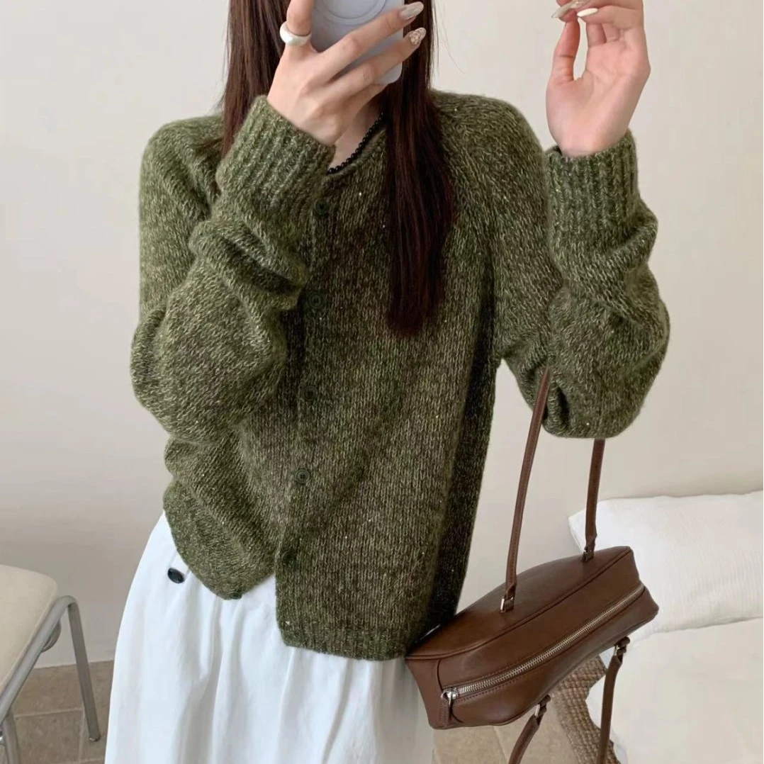 【素简.690198】秋冬新款驼羊绒珠擦肩袖花纱亮片女装上新针织衫