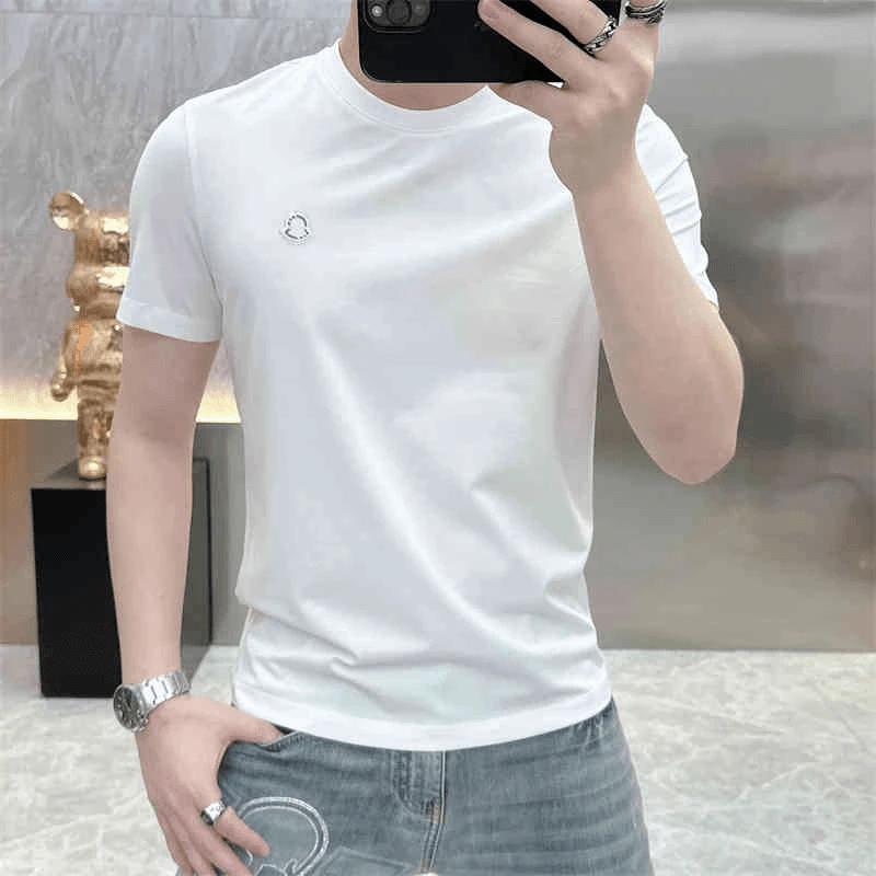 夏季男士简约百搭圆领短袖修身透气时尚帅气白色纯棉T恤烫钻贴标