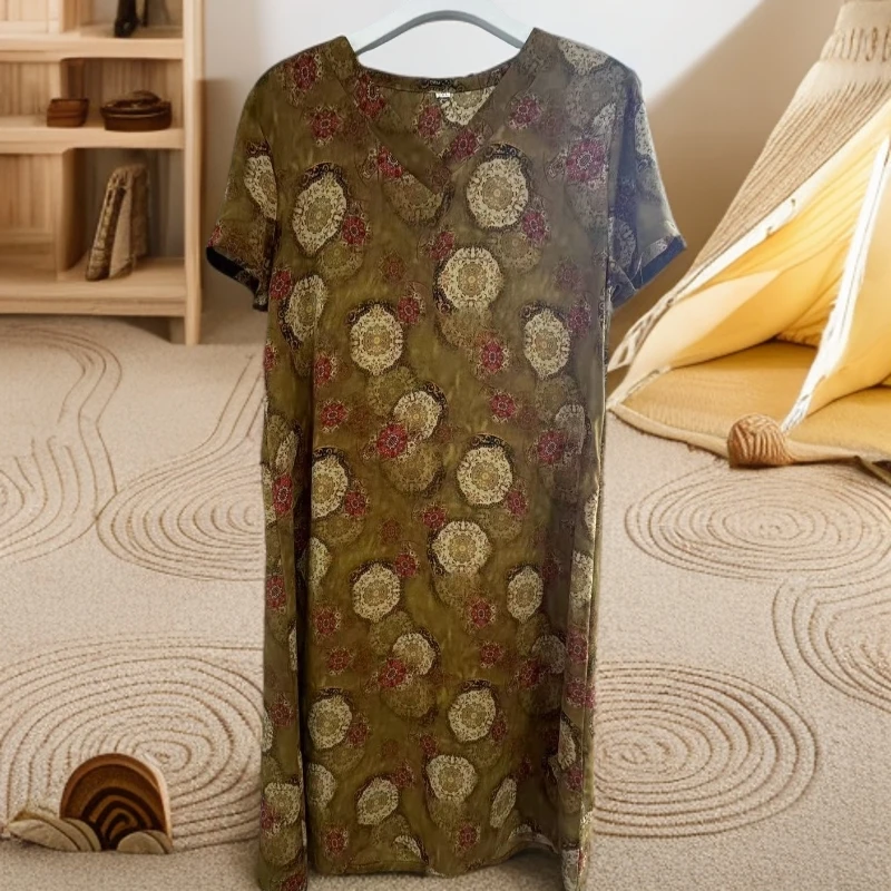 9721-夏季新款中长款V领休闲风气质居家妈妈装连衣裙（F仓）