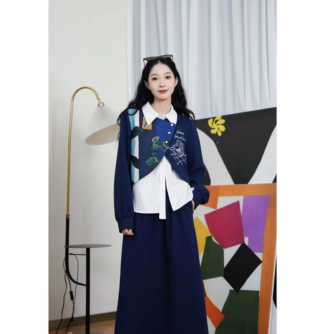 两三事梵高文艺甜美臆想2025秋新款印花拼接假两件衬衫半裙两件套