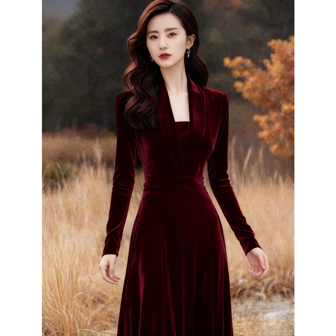 法式时尚气质裙子秋冬款收腰显瘦名媛长袖礼服裙酒红色丝绒连衣裙