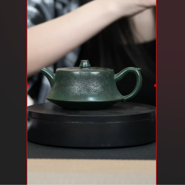 乾元紫砂 民国绿刻绘柱础壶