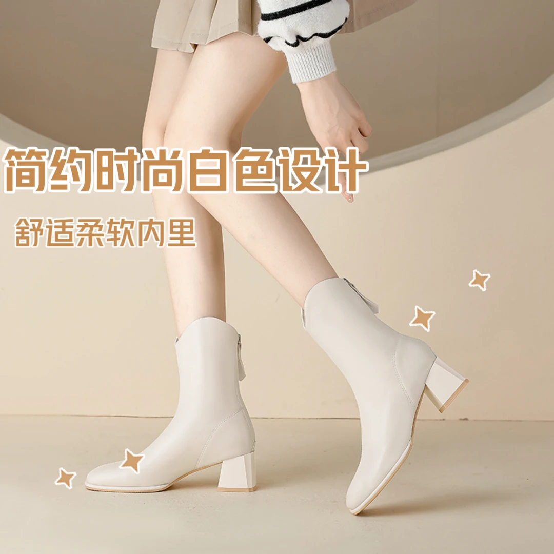 小方头法式高跟短靴超火小个子白色瘦瘦靴秋冬方头女式中筒靴子