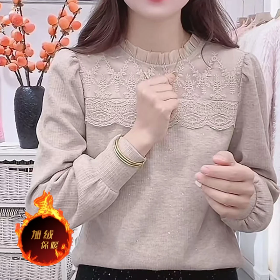 新款冬季加绒独特漂亮小衫蕾丝内搭高贵洋气上衣百搭时尚修身长袖