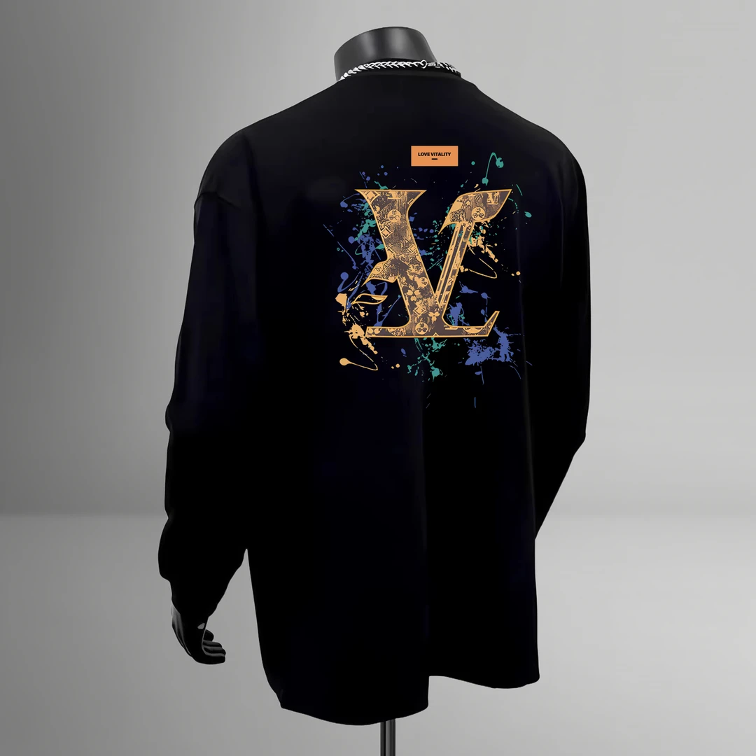 莱奥春秋新品圆领长袖泼墨印花常规T恤修身潮牌潮流上衣秋冬时尚