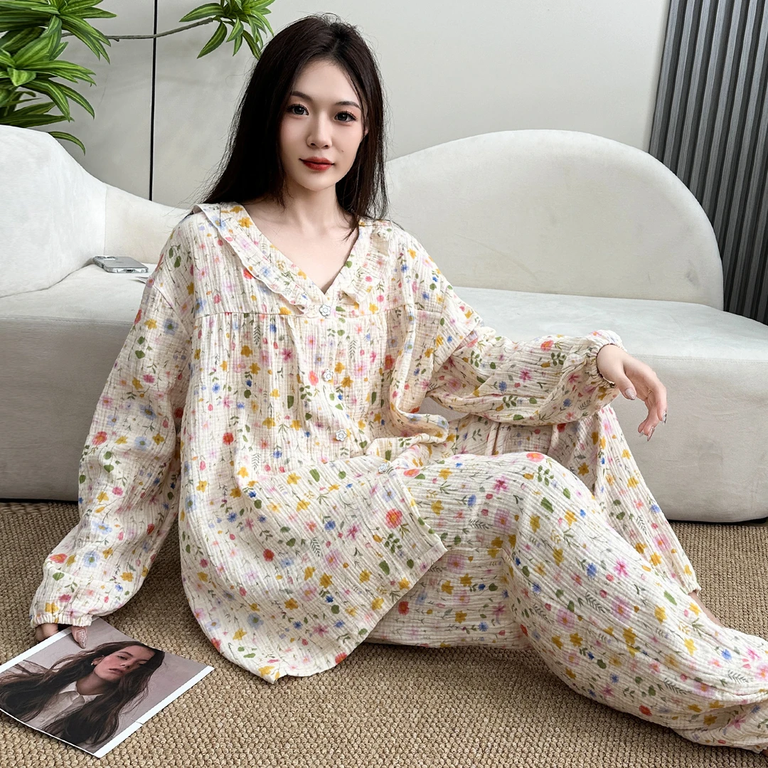 睡衣女大码200斤纯棉开衫套装胖妹妹长袖全棉纱布家居服加肥加大