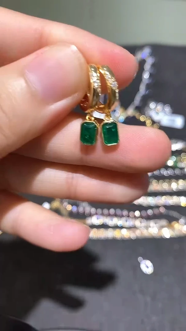 耳饰银S925镶嵌祖母绿耳钉