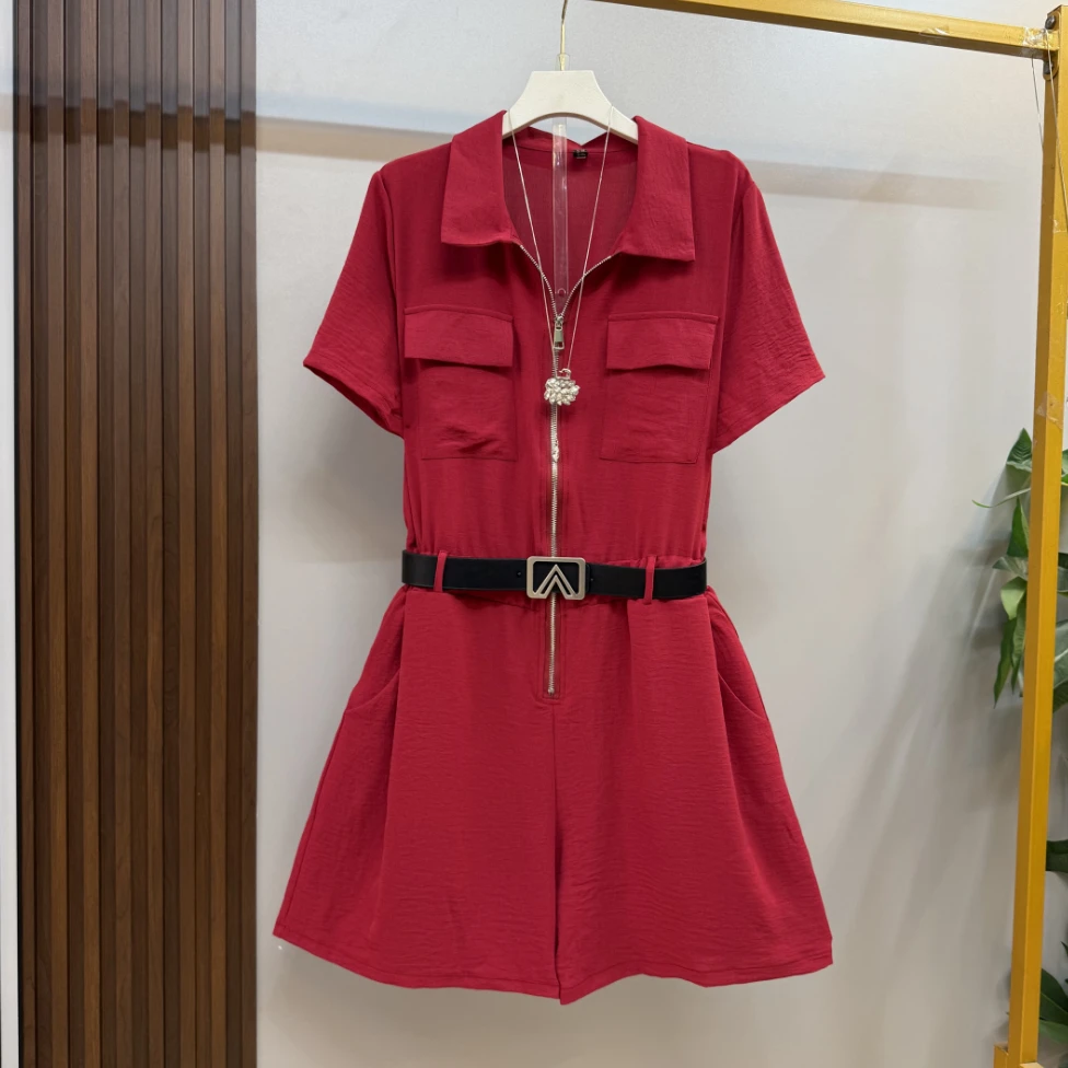 夏季新款休闲百搭大码时尚显瘦气质衬衫领连体上衣短裤