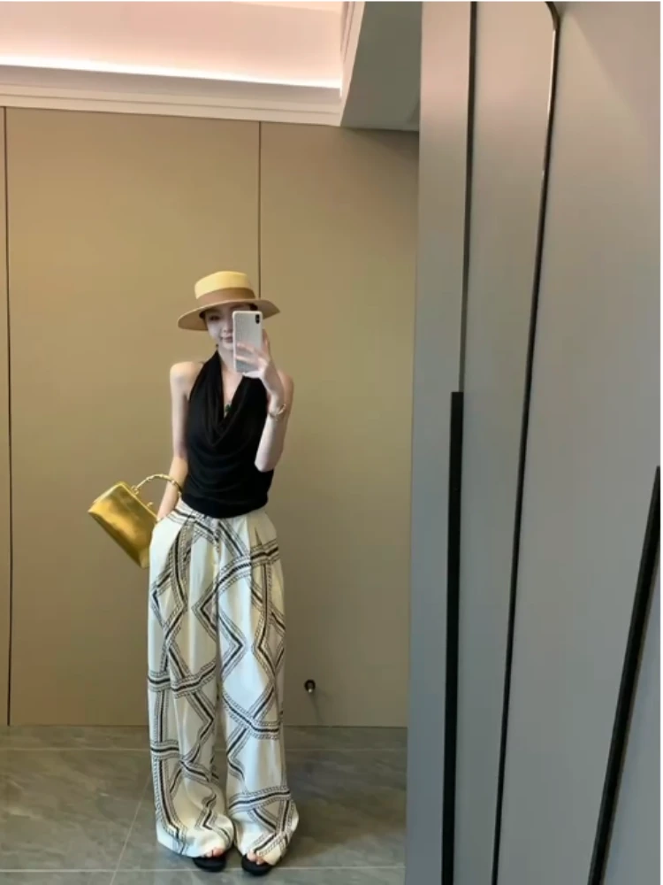 辣妹性感露背挂脖小背心女夏季纯欲荡领无袖上衣+印花显瘦休闲裤