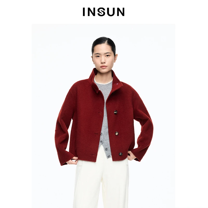 「极简新年」INSUN恩裳时尚宽松山羊绒立领短款毛呢外套9C66110040