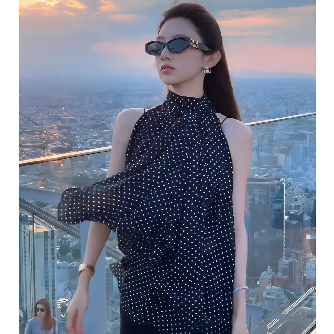 韩版设计感气质圆领波点无袖飘带小衫女夏轻奢高级感别致吊带上衣