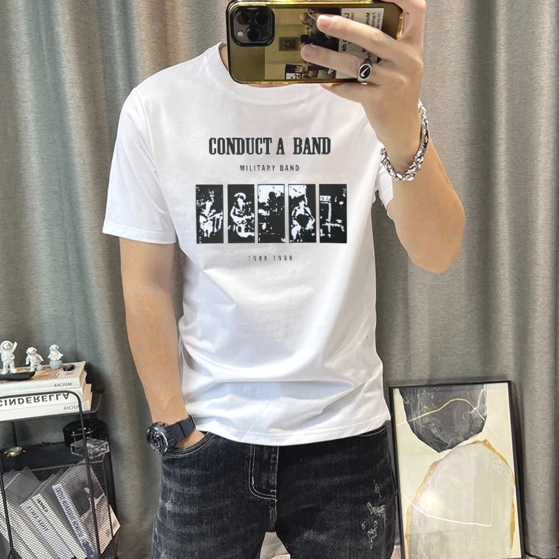 新款百搭高端丝光棉时尚印花短袖T恤男半袖T恤潮流修身帅气男t恤