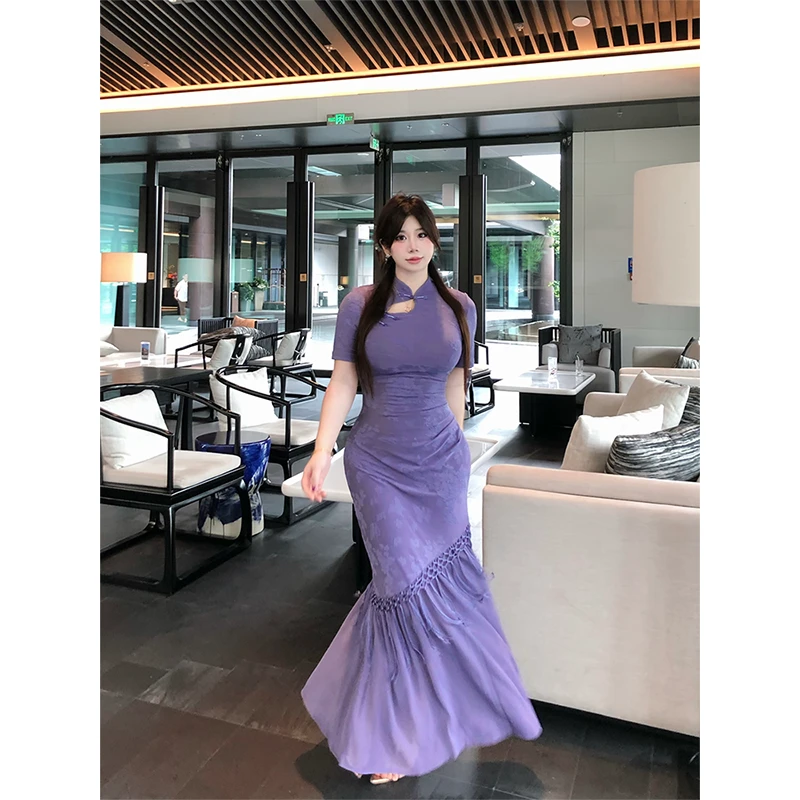 B-babes【紫烟蕊梦】新中式国风气质微胖显瘦流苏轻奢洋装旗袍