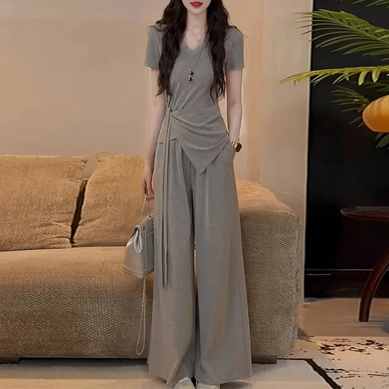 时尚套装女2025夏季新款简约不规则短袖t恤宽松休闲阔腿裤两件套