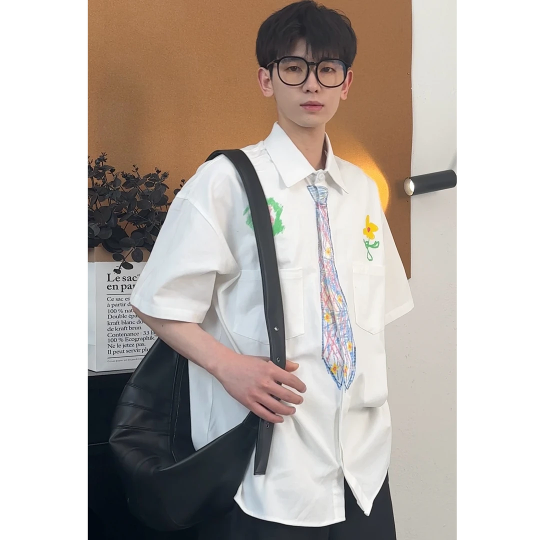 2025夏季新款手绘涂鸦领带衬衫男女情侣校园文艺风白衬衫短袖T恤