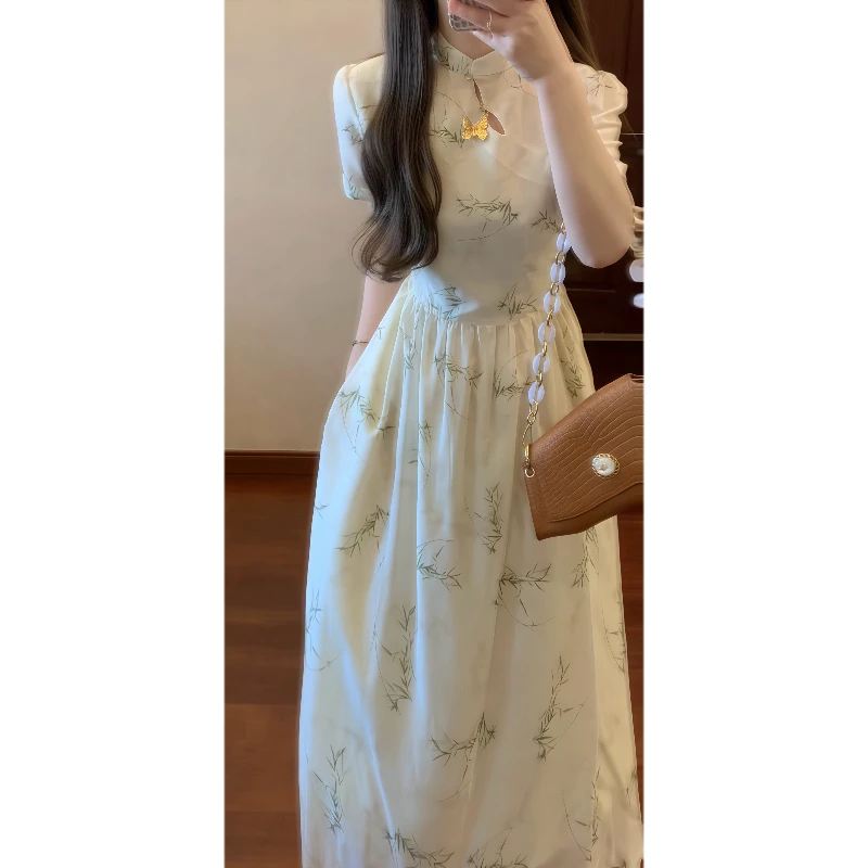 夏季新中式竹子印花清冷感改良旗袍文艺复古淑女收腰连衣裙9234