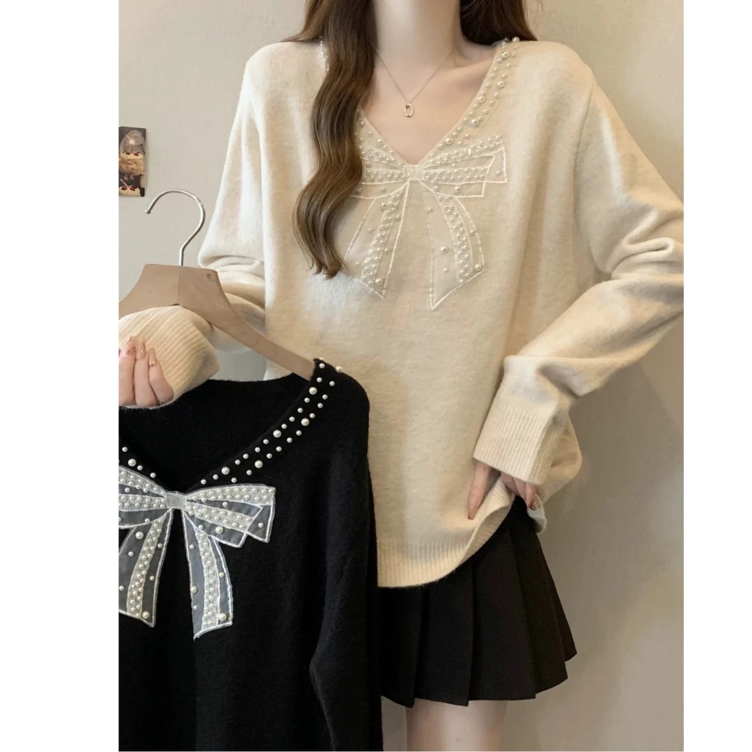 3726大码女装2025春季新款V领蝴蝶结钉珠减龄长袖毛衣针织衫上衣·