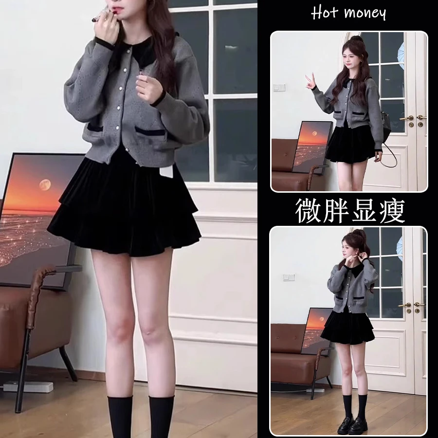 高级时尚小香风套装春季小个子穿搭一整套针织上衣短裙减龄两件套