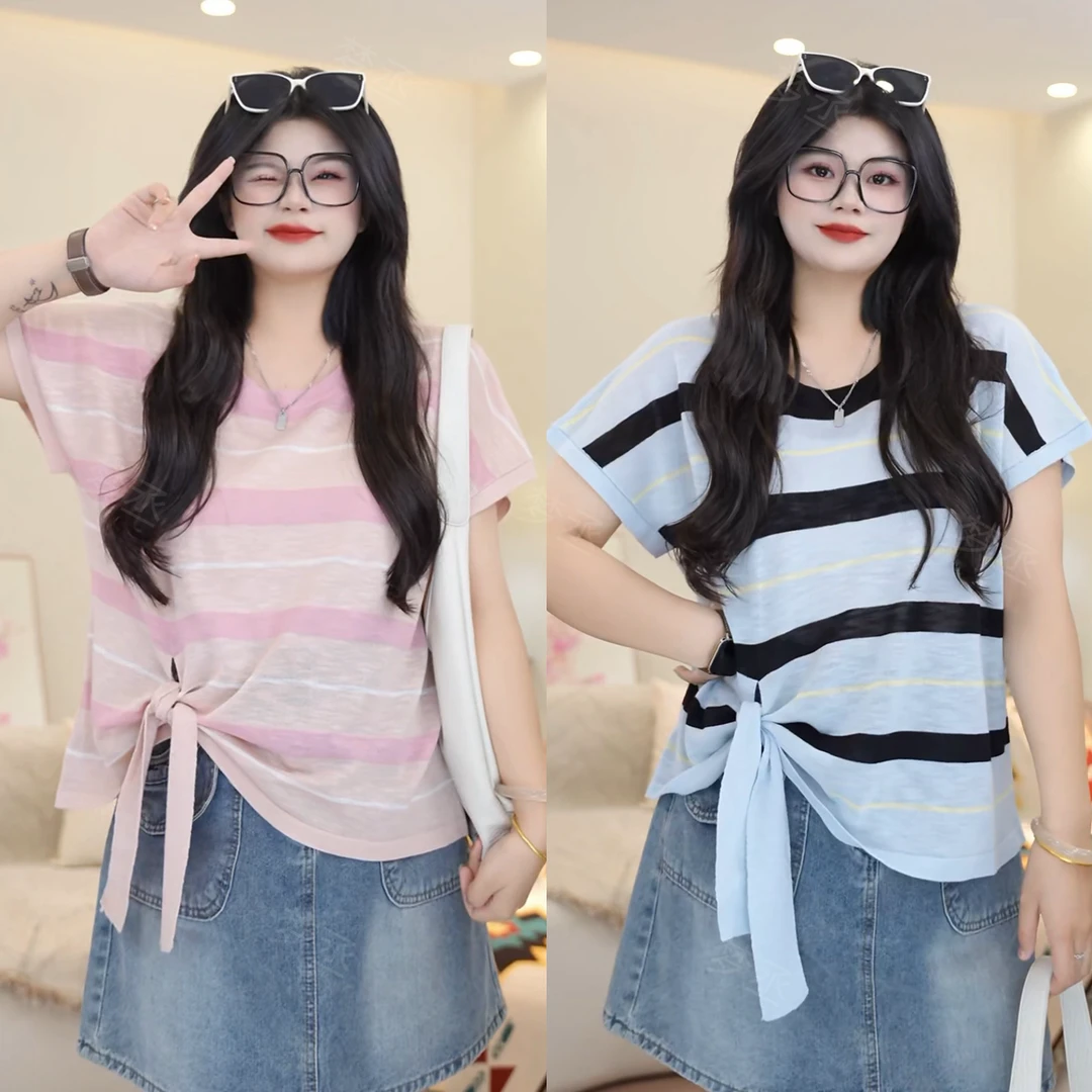 梦丞-大码女装夏季圆领条纹绑带针织宽松时尚减龄短袖T恤上衣女