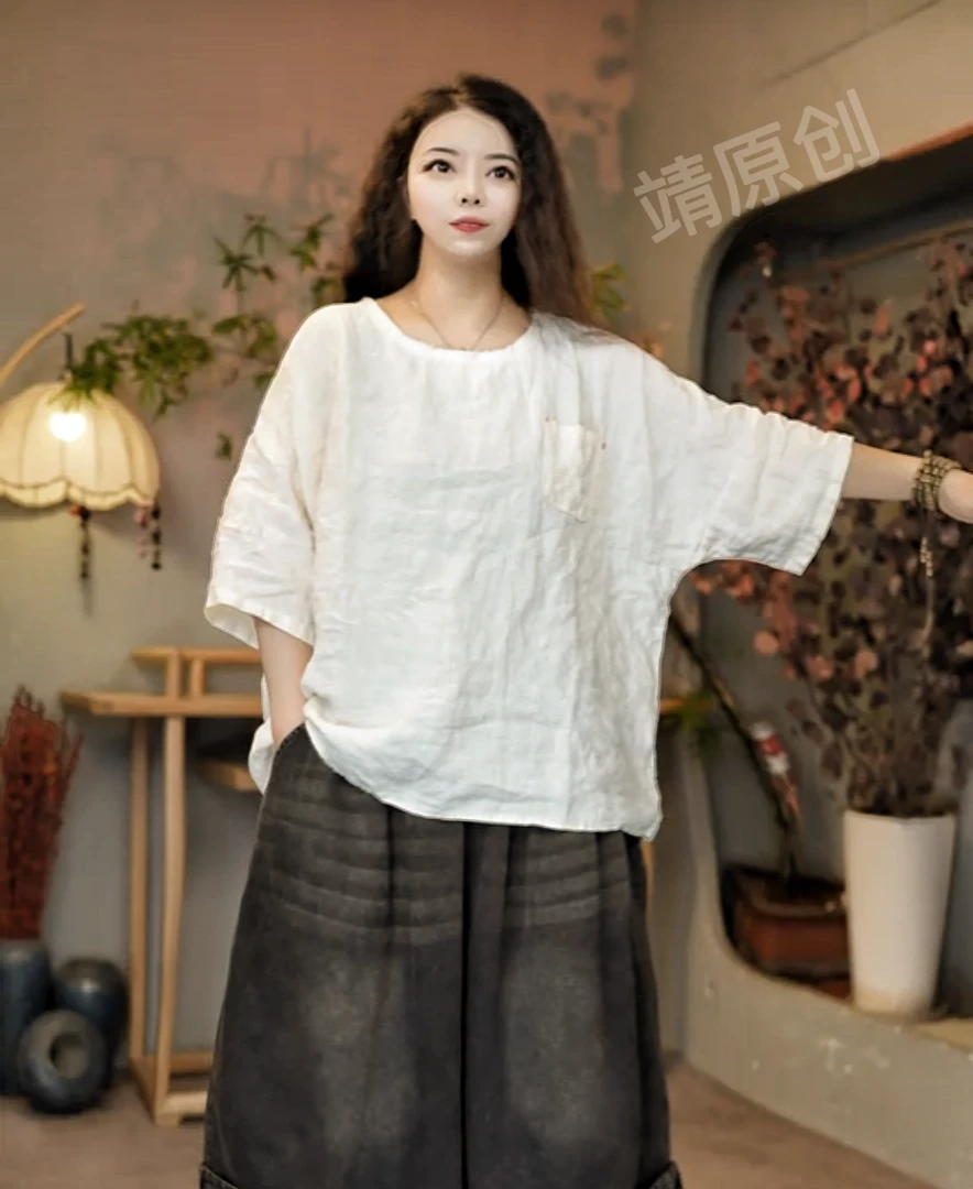 2766【靖靖原创】高品质亚麻植物染单口袋上衣（长65胸围150）