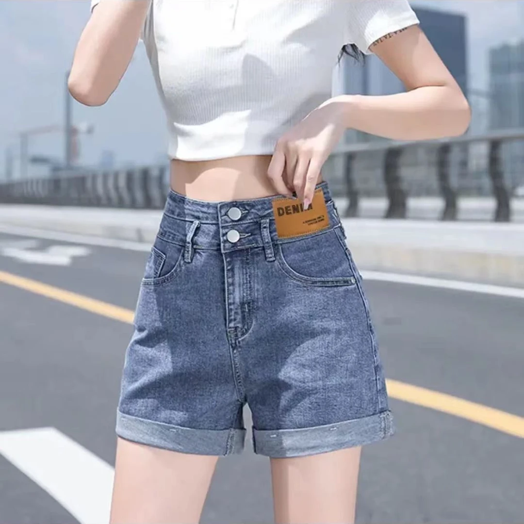 高腰弹力牛仔四裤女修身显瘦时尚百搭卷边夏季薄款小个子短裤