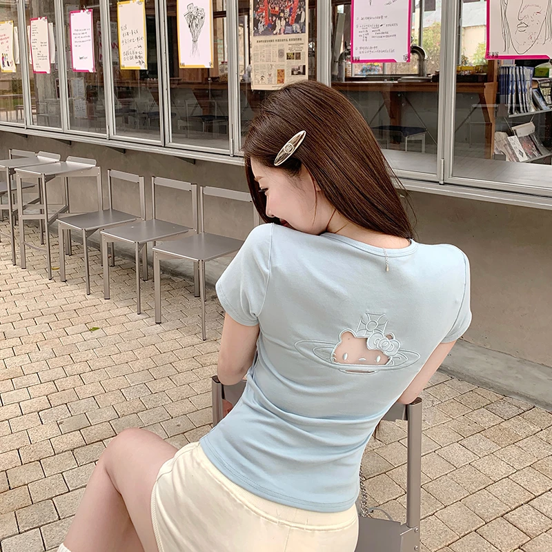 多巴胺设计感镂空刺绣kt收腰正肩短袖T恤女夏季修身显瘦短款上衣