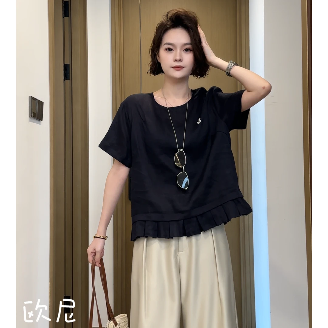 欧尼私服 2025夏圆领短袖宽松显瘦百搭麻料衬衫上衣2505C2874