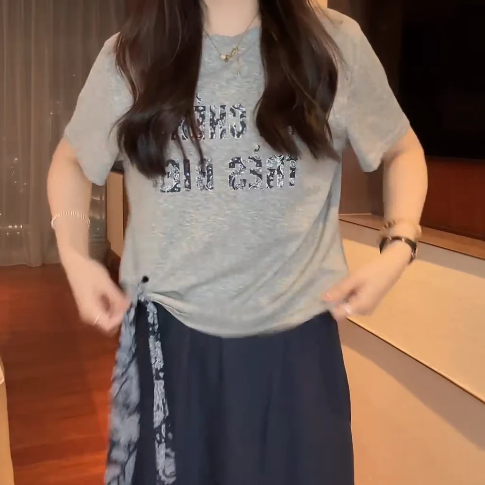 【丝巾T】雪花棉夏季圆领字母印花短袖T恤（配丝巾）