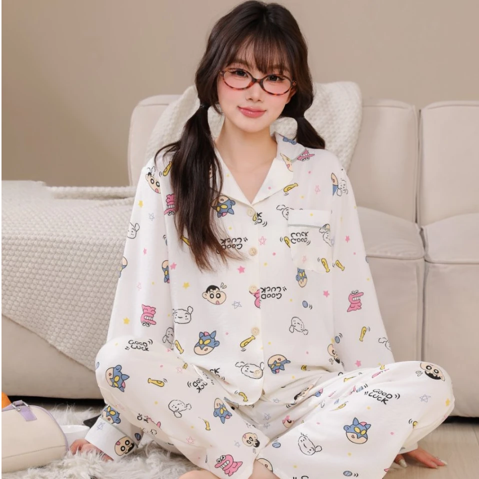 蕊柏斯春夏薄款云朵翻领家居服睡衣宽松休闲时尚卡通洋气套装F