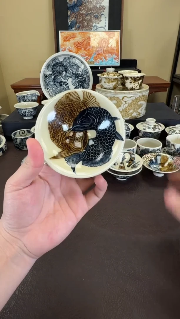 二号釉金龙鱼斗笠杯