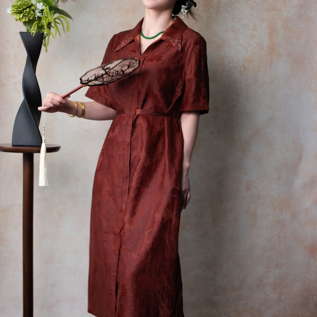 CHEN HENG 100%桑蚕丝红云纱连衣裙