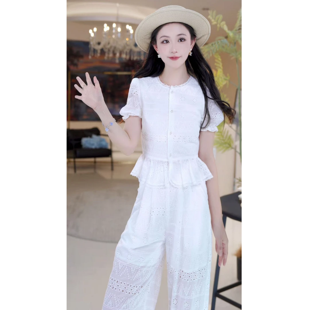 【北栀】休闲蕾丝花边镂空长裤套装814621+小个子版本814626