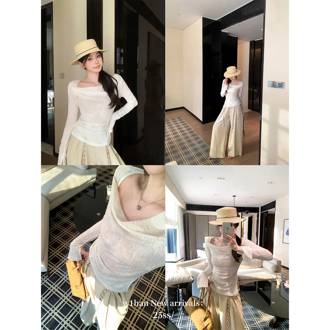 NEW 8.28 W1han蕾丝上衣套头衫垂坠剪裁纯色优雅秋季上衣900011