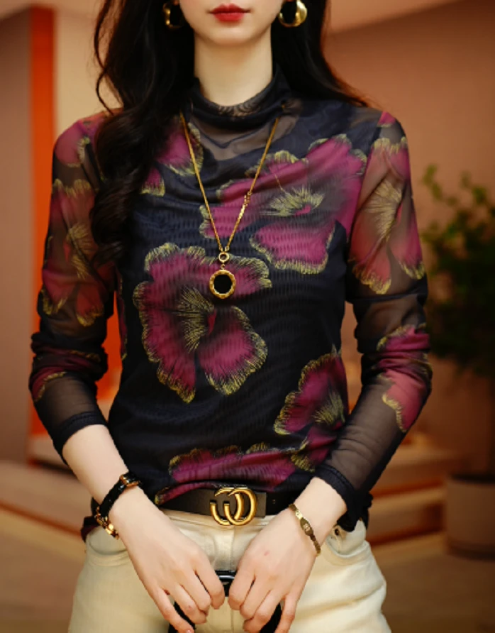 新款肌肤网纱上衣透气双层高级百搭套头