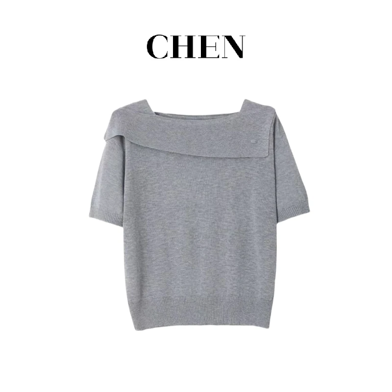 百搭时尚设计感纯色一字领短袖针织上衣LK2503129