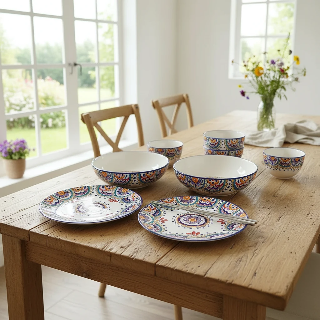 清仓外贸釉下彩陶瓷卡拉杯盘碗套装（8-10件套）