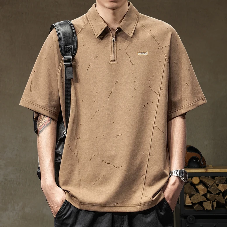 高端美式简约刺绣短袖Polo衫男夏季新款宽松大码插肩袖上衣体恤衫