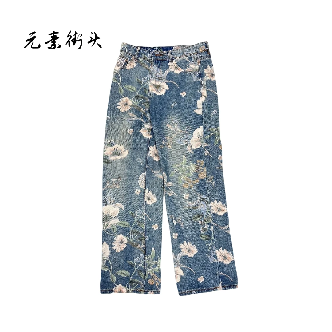2025美式花卉印花牛仔裤女夏季薄款设计感小众高腰直筒阔腿长裤子