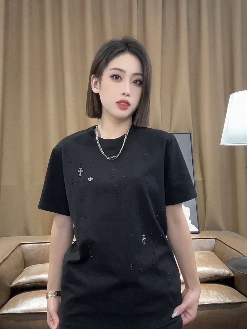 【西西】2025新款秋冬男士时尚圆领潮流重工烫钻重磅短袖T恤