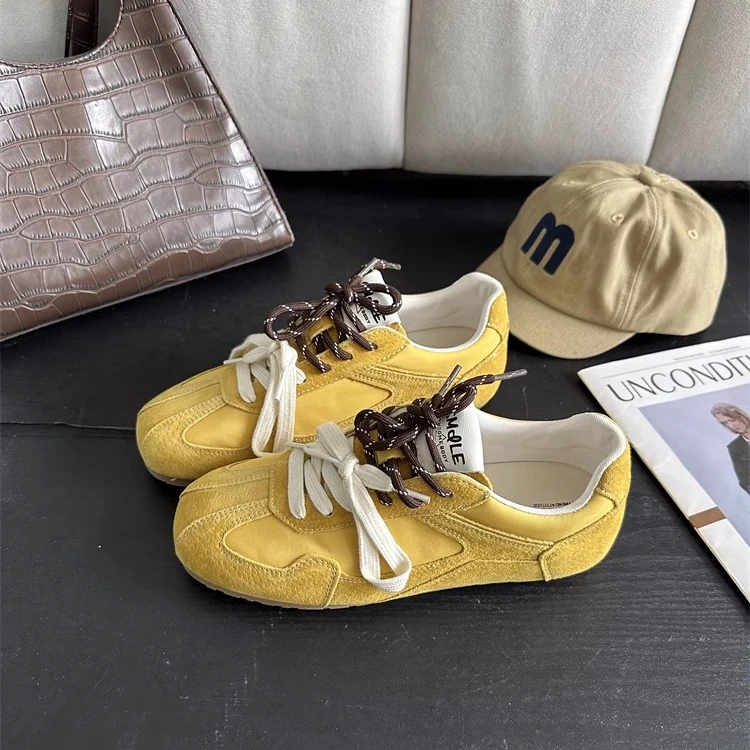 软底双鞋带德训鞋女2025年春季新款黄色平底休闲复古阿甘鞋板鞋